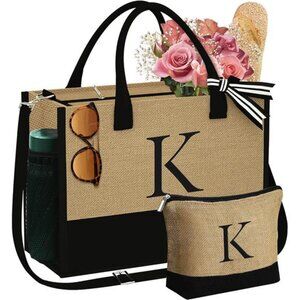 Christmas Gifts for Women - Initial Jute Tote & Makeup Bag